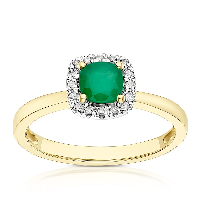 Main Image 1 of 9ct Yellow Gold Diamond & Emerald Cushion Ring