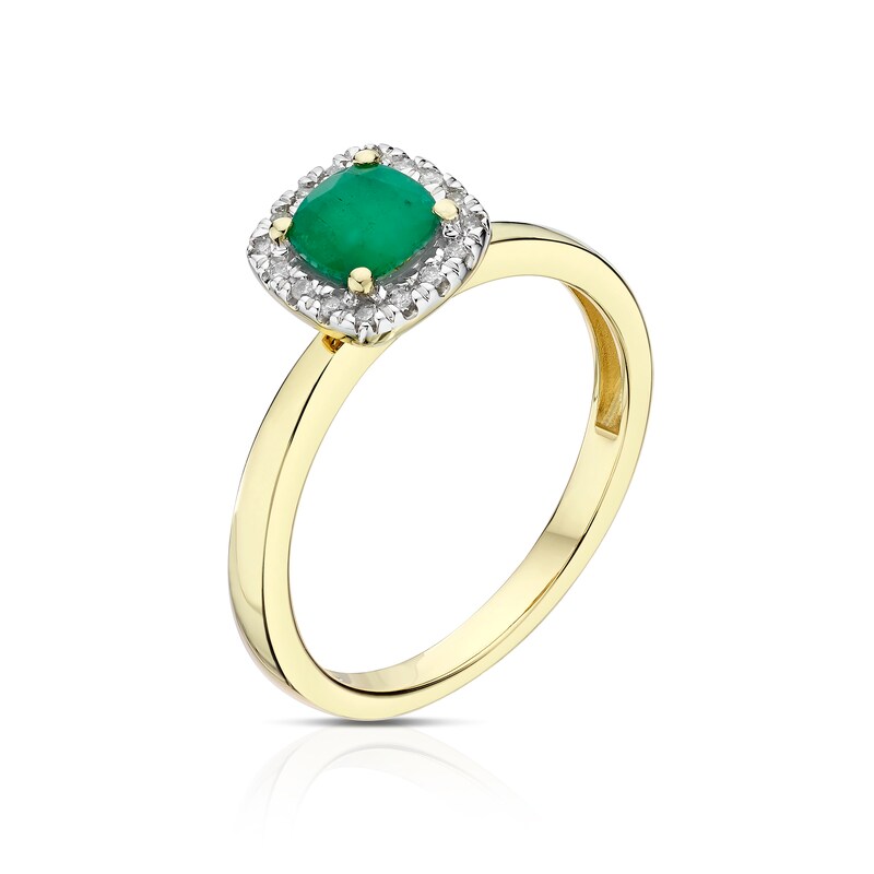 Main Image 2 of 9ct Yellow Gold Diamond & Emerald Cushion Ring