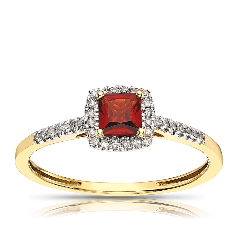 Main Image 1 of 9ct Yellow Gold Diamond & Princess Garnet Halo Ring