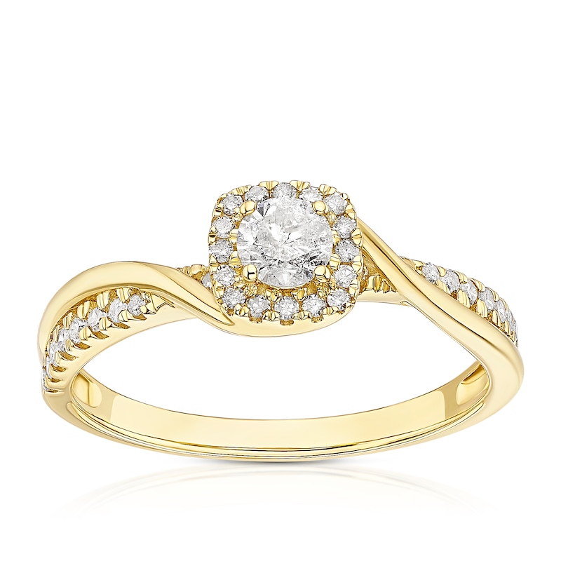 Main Image 1 of 9ct Yellow Gold 0.33ct Diamond Twisted Cushion Halo Ring