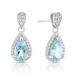 Sterling Silver Blue & Clear Cubic Zirconia Pear Shape Drop Earrings