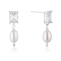 Sterling Silver Cultured Freshwater Pearl & Cubic Zirconia Rectangular Drop Earrings