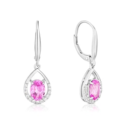 Sterling Silver Created Pink Sapphire & Cubic Zirconia Oval Hook Drop Earrings