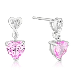 Sterling Silver Created Pink Sapphire & Cubic Zirconia Heart Drop Earrings