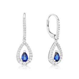 Sterling Silver Created Blue Sapphire & Cubic Zirconia Teardrop Earrings