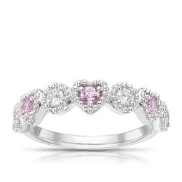 Sterling Silver Created Pink Sapphire & Cubic Zirconia Heart Eternity Ring