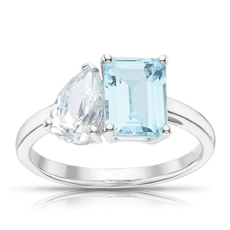 Sterling Silver Emerld Sky Blue Topaz & Pear Cubic Zirconia Two Stone Ring