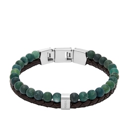 Fossil Men's Beads Brown Leather Green Bead Multistrand Bracelet