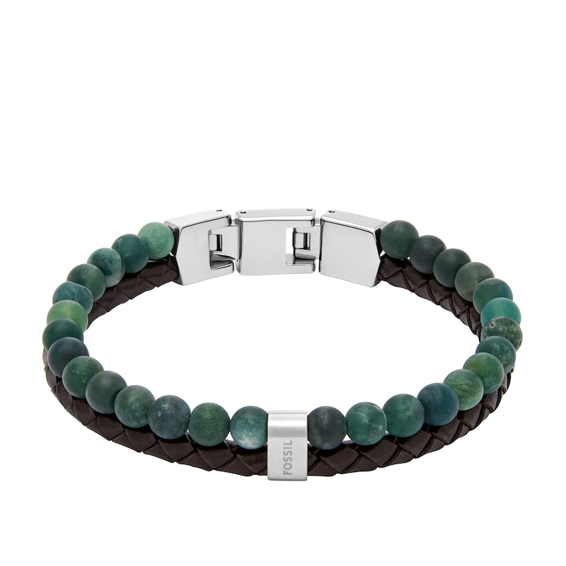 Main Image 1 of Fossil Men's Beads Brown Leather Green Bead Multistrand Bracelet