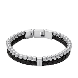 Fossil Men's Beads Black Leather Multistrand Bracelet