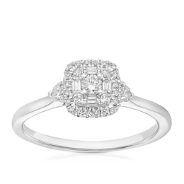 9ct White Gold 0.25ct Diamond Baguette & Round Halo Ring