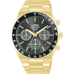 Lorus Solar Men's Chronograph Black Dial Gold Tone Stainless Steel Watch