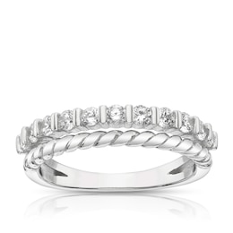 Sterling Silver Rhodium Plated Cubic Zirconia & Twist Double Band Ring