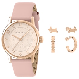 Radley Rose Twinpack Earring Gift Set & Gold Tone Praire Pink Leather Strap Watch